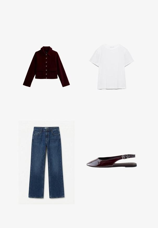 Bordeaux cropped jacket met een kraag, gouden knopen en twee voorste flapzakken. Gemaakt van zachte stof met een gladde textuur.; Effen wit T-shirt met korte mouwen en ronde hals, met een rechte zoom, gepresenteerd tegen een witte achtergrond.; Donkere blauwe denim jeans met rechte pijpen, vijf zakken, knoopsluiting en riemlussen, plat uitgestald op een witte achtergrond.; Donker bordeaux lakleren slingback platte schoen met puntige neus en verstelbare zilveren gespsluiting.