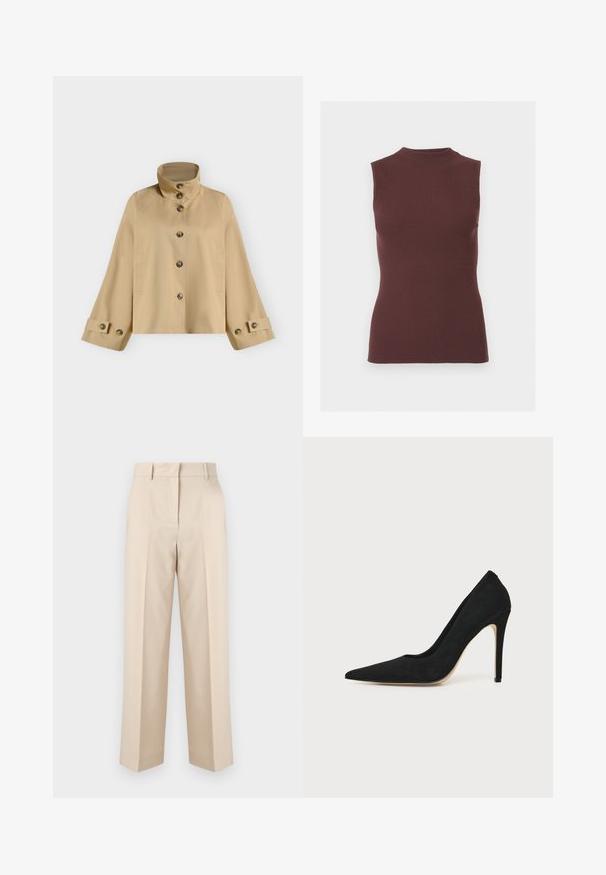 Veste courte beige avec col montant, fermeture à boutons devant, manches larges et poignets boutonnés.; Top sans manches en maille côtelée marron foncé avec col montant et silhouette ajustée.; Pantalon beige taille haute, coupe ajustée, avec passants de ceinture et jambes droites, présenté sur un fond blanc uni.; Escarpin stiletto noir à talon haut avec bout pointu et texture lisse, présenté de profil sur un fond clair uni.