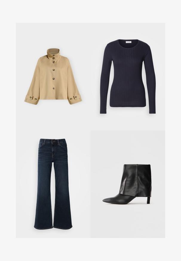 Veste courte beige avec col montant, fermeture à boutons devant, manches larges et poignets boutonnés.; Haut à manches longues côtelé bleu marine avec un col rond. Fabriqué en tissu doux, il présente une coupe ajustée et une texture subtile sur l'ensemble.; Mos Mosh HERA - Jean flare - dark blue; Botte noire en cuir mi-mollet avec bout pointu, tige supérieure repliée et petit talon élancé, se tenant sur fond blanc.