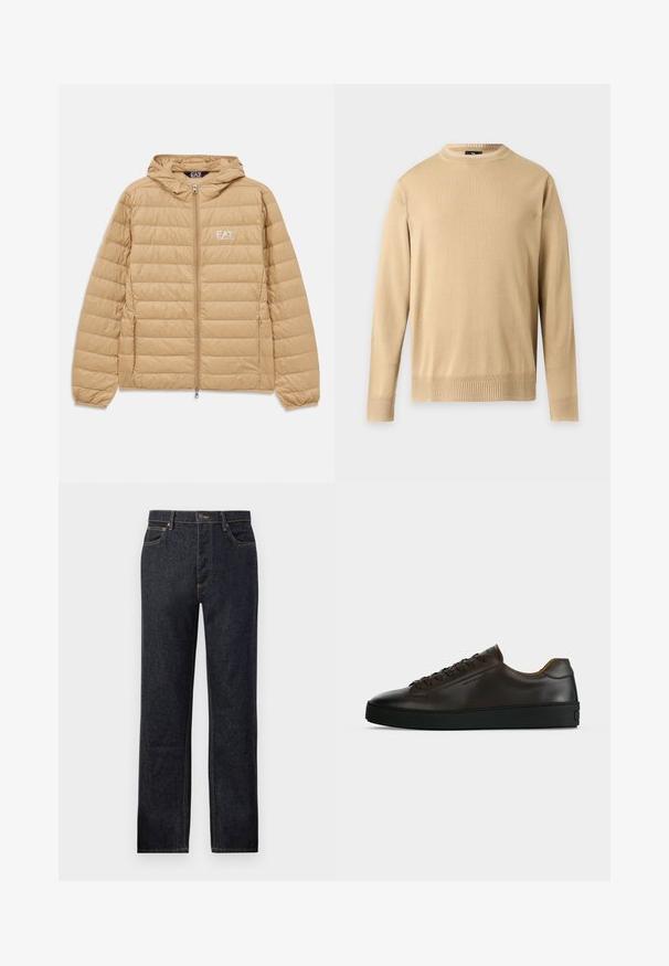 Lysebrun kviltet hættejakke med frontlynlås og EA7 Emporio Armani-logo på venstre bryst.; Beige langærmet crewneck-trøje med ribkant ved manchetter og kant, vist på en ensartet lys grå baggrund.; Mørk denimjeans med lige benudskæring, kontrastfarvet gul syning, fem-lommemodel og frontknaplukning.; Lavprofil mørkebrune lædersneaker med sort gummisål, snørelukning foran og glat minimalistisk design på lys baggrund.