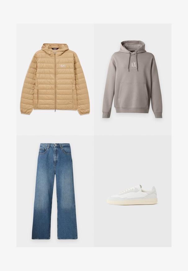 Lichtbruin gewatteerd jack met capuchon, voorzien van een ritssluiting aan de voorkant en het EA7 Emporio Armani-logo op de linkerborst.; Grijze hoodie met een centrale kangoeroezak, verstelbare trekkoordkap, en een klein wit logo op de borst. Zachte stofkwaliteit.; Lange blauwe denim jeans met een klassiek vijf-pocket ontwerp, voor sluiting met een knoop en een lichte vervaging voor textuur.; Witte sneaker met een bovenwerk van gestructureerd suède en leer. Voorzien van een afgeronde neus, vetersluiting en een contrasterende beige rubberen zool.