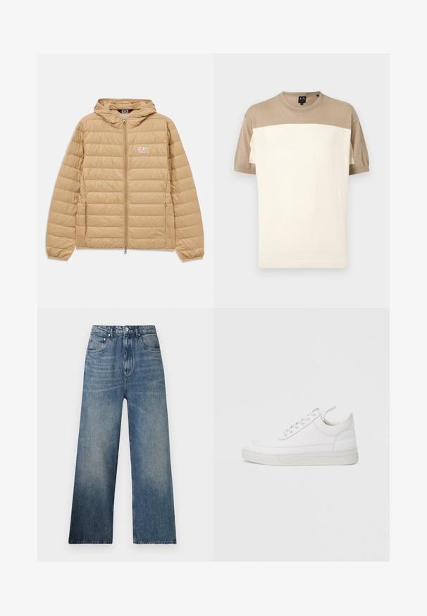 Lysebrun kviltet hættejakke med frontlynlås og EA7 Emporio Armani-logo på venstre bryst.; Kortærmet sweater med rund hals i beige øverste sektion og ærmer samt et bredt off-white område nederst, vist på ensfarvet baggrund.; Blå denim bredbenede jeans med høj talje, subtilt slid, fem lommer og metalknaplukning foran.; Hvid lædersneaker med rundet tå, flad sål og snørebånd foran. Har syningsdetaljer og polstret krave for komfort.