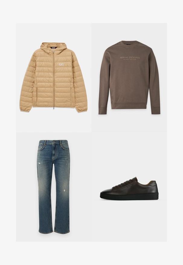 Lysebrun kviltet hættejakke med frontlynlås og EA7 Emporio Armani-logo på venstre bryst.; Brun sweatshirt med lange ærmer og rund hals med teksten "Armani Exchange Milano / New York" trykt over brystet.; Denim jeans i medium blå med lige pasform, der har let slid og distressed lapper. Klassisk fem-lomme design og knaplukning i toppen.; Lavprofil mørkebrune lædersneaker med sort gummisål, snørelukning foran og glat minimalistisk design på lys baggrund.
