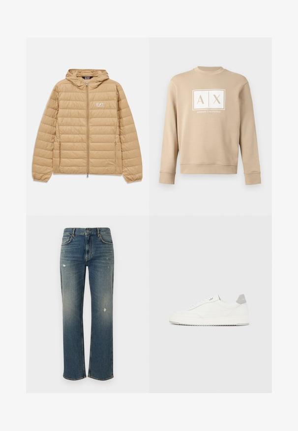 Lysebrun kviltet hættejakke med frontlynlås og EA7 Emporio Armani-logo på venstre bryst.; Beige langærmet sweatshirt med rund hals og hvidt "A|X Armani Exchange"-logo centreret på brystet.; Denim jeans i medium blå med lige pasform, der har let slid og distressed lapper. Klassisk fem-lomme design og knaplukning i toppen.; Hvid lavtop-sneaker med gråt hælflig, hvide snørebånd og tekstureret sål, vist på en ensfarvet lys baggrund.