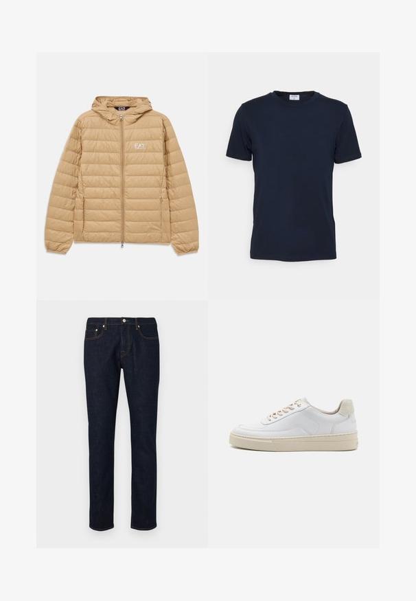 Lysebrun kviltet hættejakke med frontlynlås og EA7 Emporio Armani-logo på venstre bryst.; Marineblå crew-neck t-shirt lavet af blødt stof. Korte ærmer med en klassisk pasform, der har et mærke ved halsen. Glat tekstur, minimalistisk design.; Mørke denim jeans med lige ben, der har kontrastsyning, fem-lomme stil og knaplukning i taljen.; Hvide sneakers med en glat læderoverdel, beige snørebånd og en tekstureret beige ruskindsheel-tab. Hævet sål for ekstra højde.