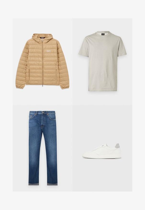 Lichtbruin gewatteerd jack met capuchon, voorzien van een ritssluiting aan de voorkant en het EA7 Emporio Armani-logo op de linkerborst.; Lichtgrijs t-shirt met korte mouwen, een honingraatstructuur en een ronde hals. Label zichtbaar bij de hals.; Heren spijkerbroek met rechte pijpen in blauwe denim, voorzien van een knoopsluiting, vijfzakkenontwerp en omgeslagen zomen tegen een witte achtergrond.; Witte lage sneaker met grijze hielpatch, witte veters en een gestructureerde zool, gepresenteerd op een effen lichte achtergrond.