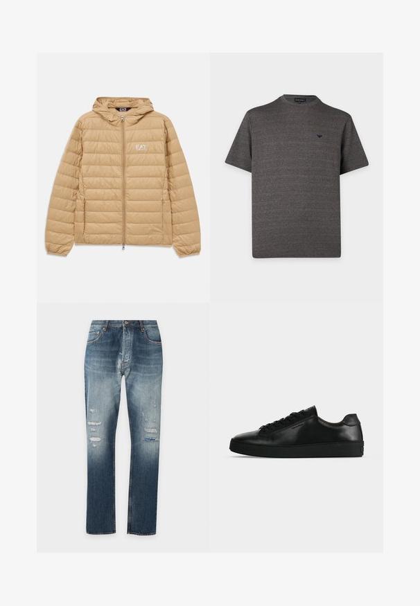 Lysebrun kviltet hættejakke med frontlynlås og EA7 Emporio Armani-logo på venstre bryst.; Kortærmet mørkegrå tekstureret strikket T-shirt med rund hals og lille sort logo på venstre bryst mod hvid baggrund.; Blå falmede denimjeans med lige fit og slidte detaljer på lårene og knæene mod en hvid baggrund.; Sort lavtop lædersneaker med sorte snørebånd og en tyk sort sål, vist fra siden på en lysegrå baggrund.