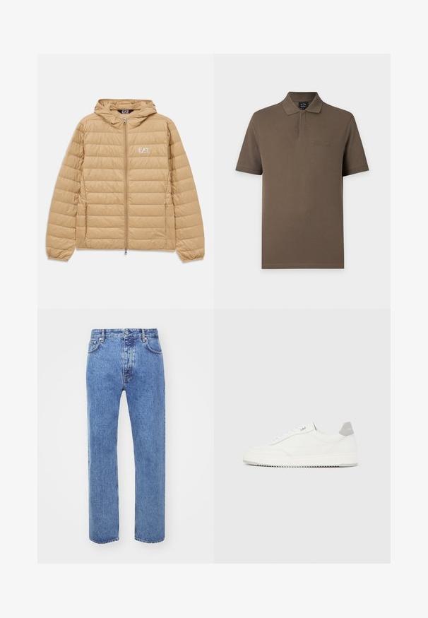 Hellbraune gesteppte Jacke mit Kapuze, Frontreißverschluss und EA7 Emporio Armani-Logo auf der linken Brust.; Braunes kurzärmeliges Poloshirt mit Kragen und dezentem Armani Exchange Logo auf der linken Brust.; Won Hundred STEVE - Jeans Relaxed Fit - cut blue; Weißer Sneaker mit niedrigem Schaft, grauem Fersenlaschen, weißen Schnürsenkeln und einer strukturierten Sohle, dargestellt vor einem schlichten hellen Hintergrund.