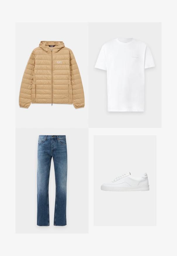 Lysebrun kviltet hættejakke med frontlynlås og EA7 Emporio Armani-logo på venstre bryst.; Hvid bomulds t-shirt med korte ærmer, rund halsudskæring, der har et diskret gråt logo print på venstre bryst og en glat overflade.; Blå denim jeans med lige ben design, falmede vask, fem lommer og kontrastsyning. Knap- og lynlås-lukning i taljen.; Hvid lavt sneaker med snørelukning, glat læderoverdel og tyk sål, vist fra siden på en ensfarvet baggrund.