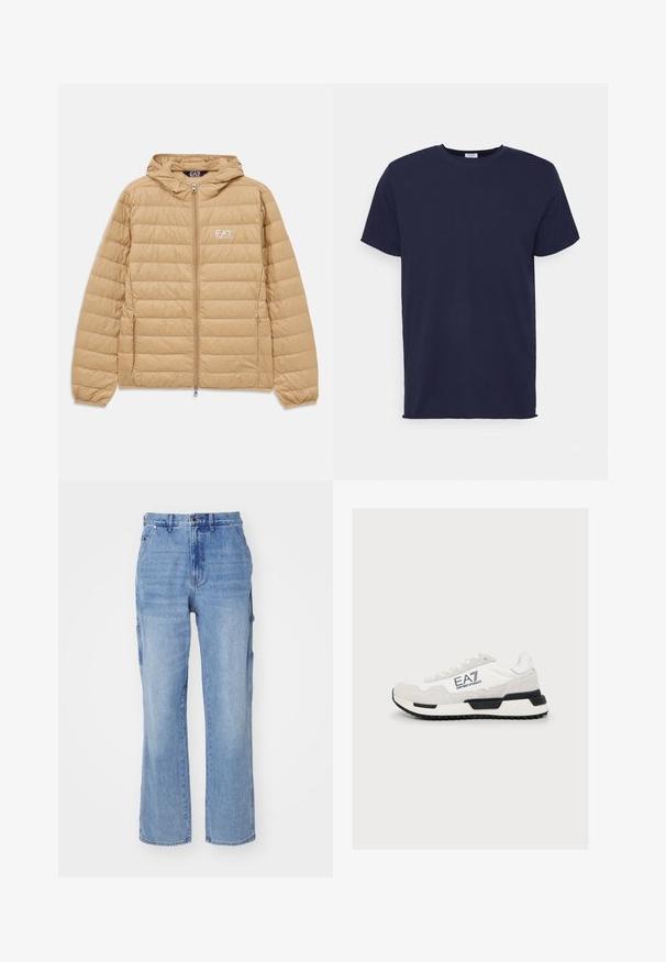 Hellbraune gesteppte Jacke mit Kapuze, Frontreißverschluss und EA7 Emporio Armani-Logo auf der linken Brust.; Marineblaues T-Shirt mit kurzen Ärmeln aus weichem Stoff. Es hat einen Rundhalsausschnitt und einen geraden Schnitt ohne Muster oder Akzente.; Hellblau Jeans-Cargo-Hose mit geradem Beinansatz, ausgestattet mit Seitentaschen und einem Knopfverschluss. Weiche Textur und ausgewaschener Look.; Weißer und hellgrauer Emporio Armani EA7 Sneaker mit schwarzen Sohlenakzenten und Branding an der Seite, auf schlichtem Hintergrund dargestellt.
