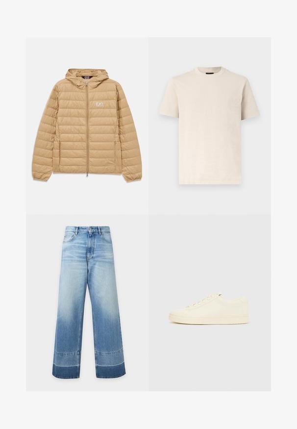Lysebrun kviltet hættejakke med frontlynlås og EA7 Emporio Armani-logo på venstre bryst.; Beige T-shirt med korte ærmer og rund hals med en subtil, tekstureret logo på venstre bryst, vist på en ensartet hvid baggrund.; Vidde, lyseblå denimjeans med falmede detaljer og mørkere farveblokke nær kanten, foran knap og synlige lommer.; Sneaker i cremefarve med en glat læderoverdel, rundet tå, snørelukning foran og en tekstureret gummisål. Minimalistisk design uden logoer.
