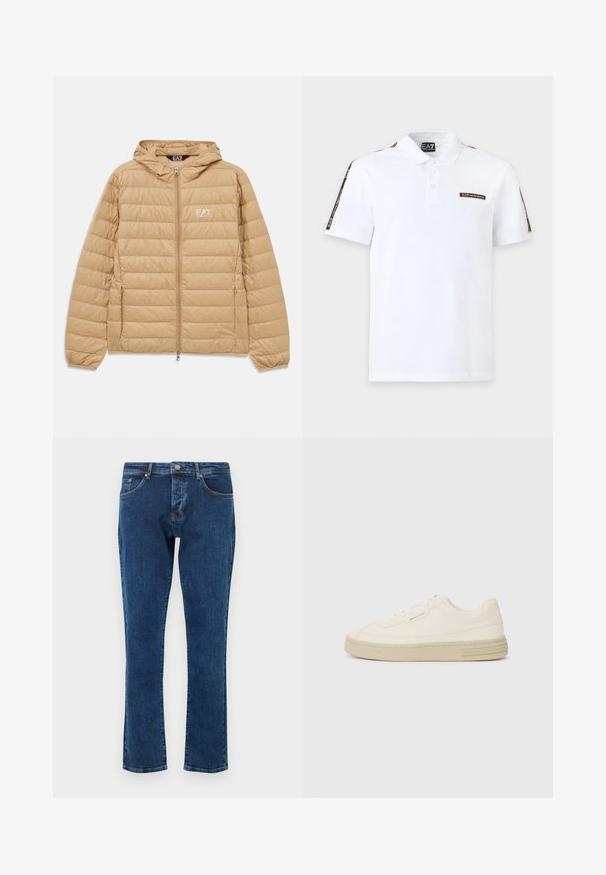 Svetlohnedá prešívaná bunda s kapucňou a predným zipsom, s logom EA7 Emporio Armani na ľavej hrudi.; Biele polo tričko s krátkym rukávom, golierom, tromi gombíkmi, čiernou nášivkou s logom na hrudi a čiernymi pruhmi s logom na ramenách a rukávoch.; Tmavomodré riflové nohavice so strihom s rovným strihom, piatimi vreckami a kovovým gombíkom v páse. Hladká textúra s minimálnym blednutím.; Biele plátenné tenisky s textúrovanou gumovou podrážkou, so šitým špičkovým krytom a logom na päte. Jednoduchý dizajn so šnurovaním.