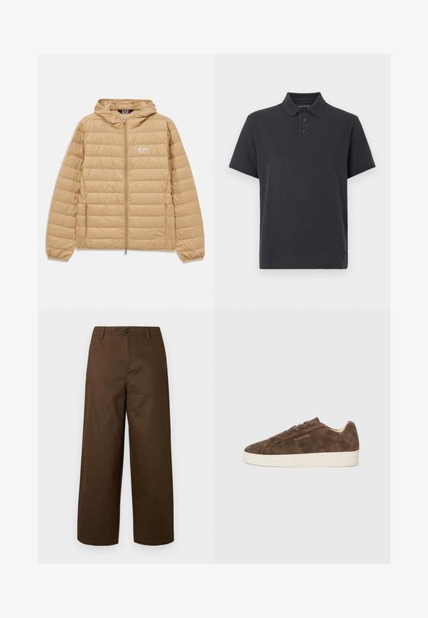 Hellbraune gesteppte Jacke mit Kapuze, Frontreißverschluss und EA7 Emporio Armani-Logo auf der linken Brust.; Schwarzes Poloshirt aus strukturiertem Stoff, mit Kragen, Drei-Knopf-Leiste und dezentem Chevron-Muster. Kurzärmlig.; Braune Hose mit weitem Bein aus glattem Stoff, mit vorderer Knopfverschluss und Seitentaschen, in einem klaren und einfachen Design.; Braune Wildleder-Sneaker mit niedrigem Profil, abgerundeter Spitze und weißer Gummisohle. Ausgestattet mit dunklen Schnürsenkeln und dezentem Branding an der Seite.