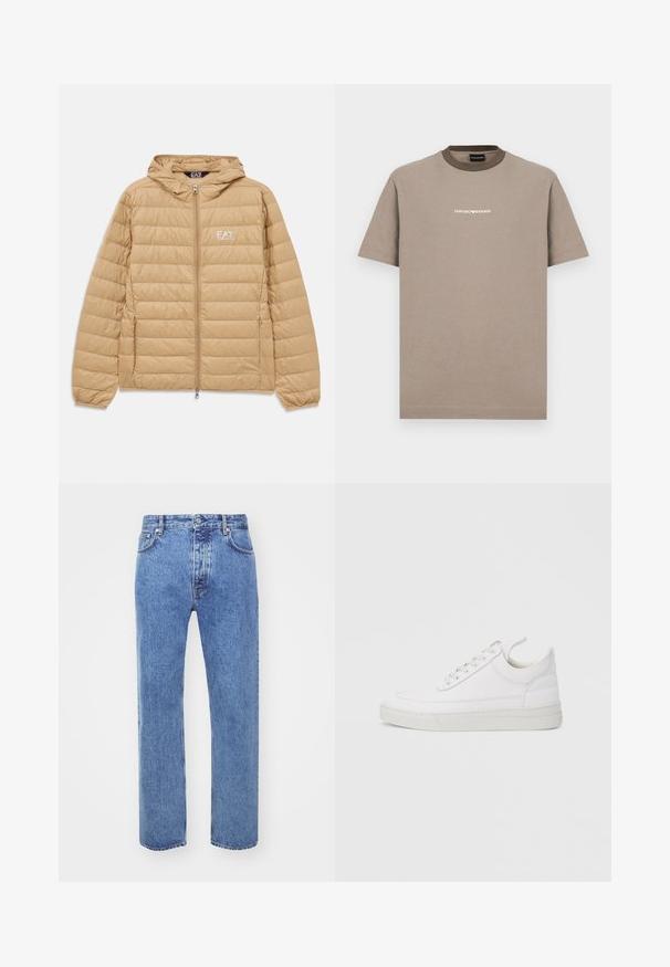 Svetlohnedá prešívaná bunda s kapucňou a predným zipsom, s logom EA7 Emporio Armani na ľavej hrudi.; Hnedé bavlnené tričko s krátkymi rukávmi a okrúhlym golierom. Má kontrastný tmavohnedý golier a biely nápis "EMPORIO ARMANI".; Won Hundred STEVE - Džínsy voľného strihu - cut blue; Biela kožená teniska s okrúhlou špičkou, plochou podrážkou a šnurovaním vpredu. Má švy a polstrovaný golier pre pohodlie.
