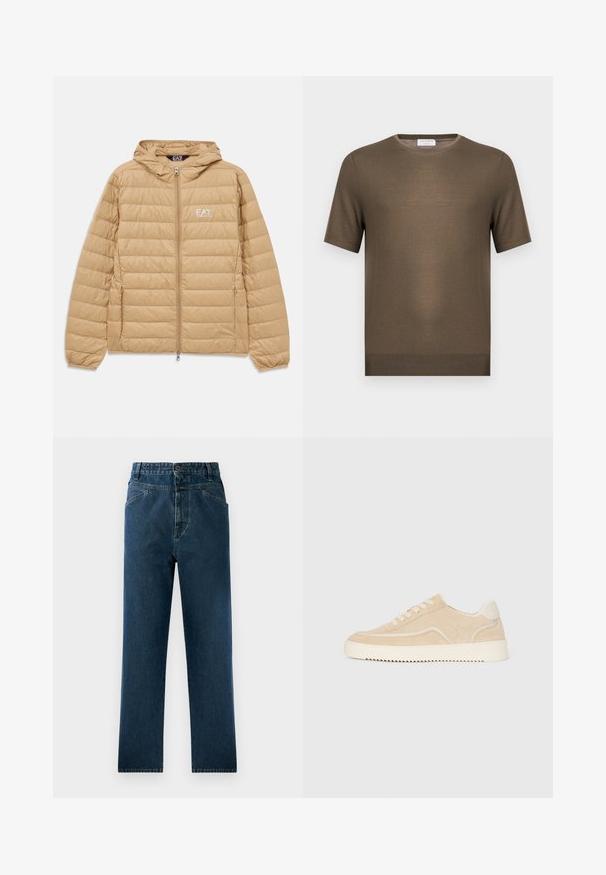 Hellbraune gesteppte Jacke mit Kapuze, Frontreißverschluss und EA7 Emporio Armani-Logo auf der linken Brust.; Olivgrüner Strickpullover mit kurzen Ärmeln, Rundhalsausschnitt und geripptem Saum, dargestellt auf schlichtem weißen Hintergrund.; Dunkelblaue Denim-Jeans mit geradem Bein und hoher Taille, mit Fronttaschen und Knopfverschluss. Texturiert mit subtilen Auswaschungen.; Beige Wildlederschuh mit weißer Sohle und Schnürsenkeln, niedrig geschnittenes Design und Zickzackprofil auf der Sohle.