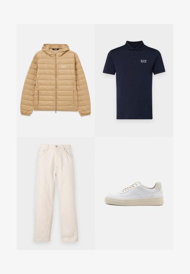 Hellbraune gesteppte Jacke mit Kapuze, Frontreißverschluss und EA7 Emporio Armani-Logo auf der linken Brust.; Dunkelblaunes Polohemd aus weicher Baumwolle, mit einer Drei-Knopf-Leiste und EA7-Logo auf der linken Brust. Kurzärmelig, klassischer Schnitt.; Beige gleich geschnittene Jeans aus Denim, mit Knopfverschluss, fünf Taschen und sichtbaren Nähten. Glatte Textur.; Weiße Sneaker mit einem glatten Lederobermaterial, beigen Schnürsenkeln und einer strukturierten, beigen Wildleder-Fersenschlaufe. Erhöhte Sohle für zusätzlichen Komfort.