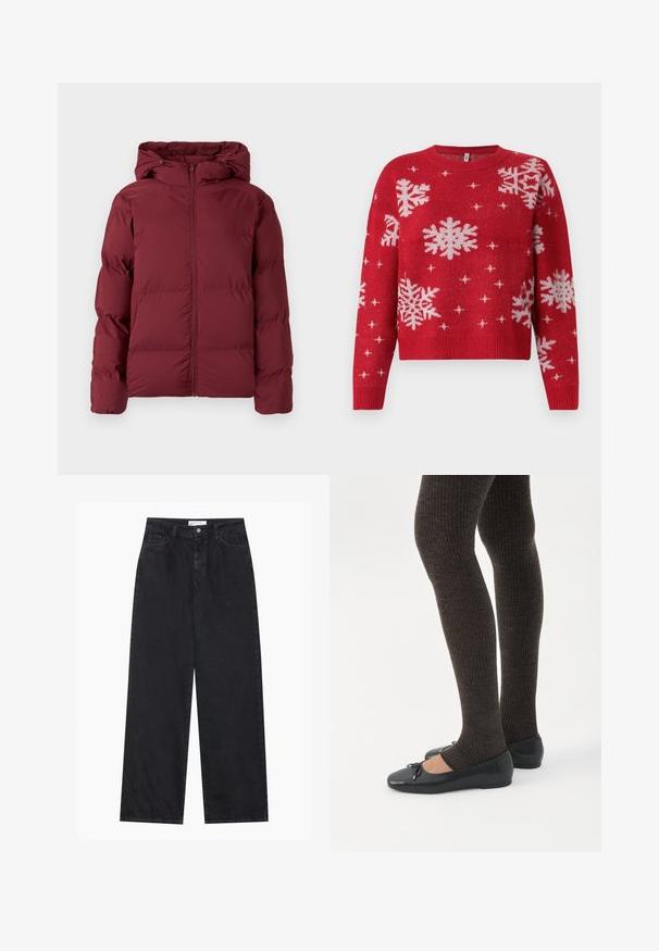 Doudoune bordeaux avec fermeture éclair à l'avant et capuche, conçue pour la chaleur et la protection contre le froid, présentée sur fond blanc.; Pull rouge avec un col rond, orné de flocons de neige blancs et d'accents scintillants. Manches et ourlet côtelés, design cropped.; Jeans en denim noirs taille haute à jambes larges avec fermeture à bouton et zip à l'avant, passants de ceinture et style à cinq poches.; Jambes portant des leggings côtelés foncés associés à des ballerines noires avec de petits détails en nœud sur fond blanc.