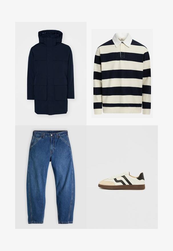 Parka à capuche bleu marine foncé avec une fermeture éclair sur le devant, quatre grandes poches à rabat et un col haut. Fabriqué en tissu lisse et résistant à l'eau.; Pull-over rayé bleu marine et crème, avec un col classique, une patte de boutonnage à trois boutons et un tissu côtelé texturé. Agrémenté d'un logo brodé.; Jean en denim bleu à coupe décontractée, doté d'une fermeture à boutons, de cinq poches et de surpiqûres orange contrastantes. Texture lisse sur toute la surface.; Baskets en cuir blanc avec bandes noires et embout en daim beige. Semelle en caoutchouc brun foncé. Lacets et col rembourré complètent le design.