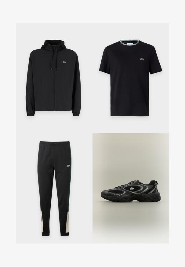Zwarte zip-up jas met een capuchon, gemaakt van lichtgewicht materiaal. Heeft elastische manchetten en een klein groen logo op de linkerborst.; Zwarte katoenen t-shirt met ronde hals, voorzien van een witte en groene gestreepte afwerking en een geborduurd groen krokodillenlogo op de linkerborst.; Zwarte sweatpants met groene zijstrepen en beige accenten bij de boorden. Elastische tailleband en Lacoste-logo aan de voorkant. Glad textuur.; Zwarte en grijze sport sneaker met meshpanelen, vetersluiting, dikke zool en een klein krokodillologo aan de zijkant.