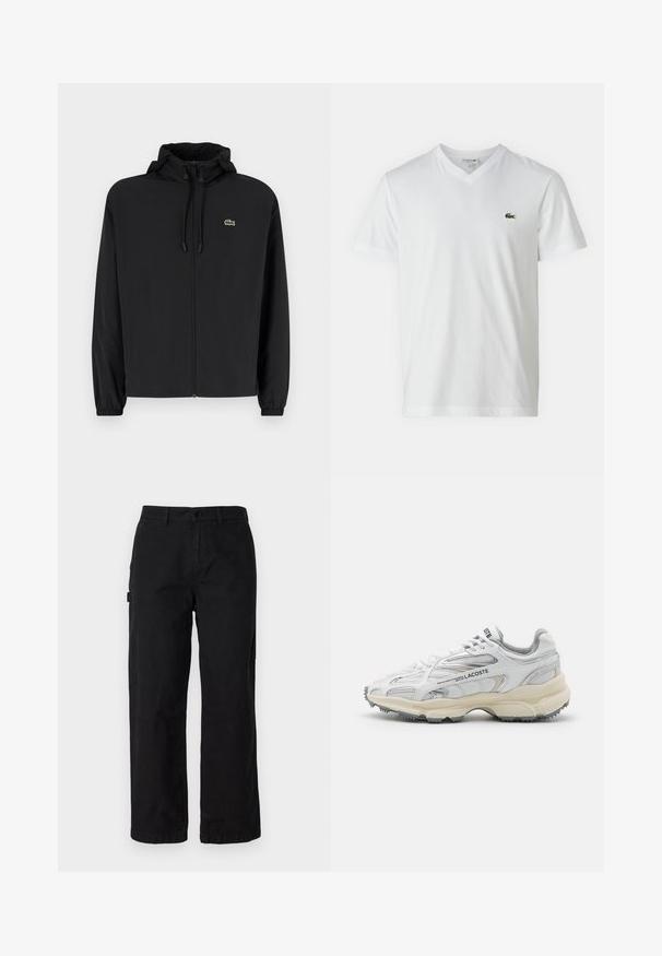 Veste noire à fermeture éclair avec capuche, fabriquée en matériau léger. Présente des poignets élastiques et un petit logo vert sur la poitrine gauche.; T-shirt en coton blanc avec un col en V, des manches courtes et un petit logo de crocodile vert sur la poitrine gauche. Design simple et léger.; Pantalons cargo en coton noir avec une coupe droite, dotés de poches latérales et d'une fermeture par bouton à l'avant. Tissu durable avec une texture lisse.; Baskets de sport blanches avec des accents gris, tige en maille et synthétique, design à lacets et semelle en caoutchouc texturée avec motifs de traction.