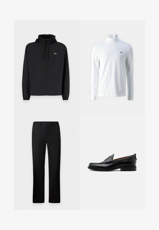 Mustmust jacket, millel näpsuga, kergest materjalist. Omab elastseid mansette ja väikest rohelist logo vasakul rinnal.; Valge pika varrukaga kõrge kaelusega särk, mis on valmistatud pehmest kangast, millel on rindkeres väike roheline broderi logo ja sobivad mansetid.; Mustad püksid sirge säärega, valmistatud siledast kangast. Omadusteks on tasane esipind ja keskmise kõrgusega vööpais.; Mustast nahast meeste mokasiin, millel on moc varbaõmblus, penny rihm, tekstuuriga krae ja madal virnastatud konts valgel taustal.