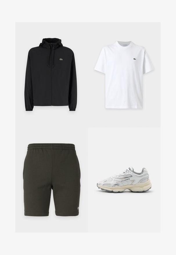 Zwarte zip-up jas met een capuchon, gemaakt van lichtgewicht materiaal. Heeft elastische manchetten en een klein groen logo op de linkerborst.; Effen wit T-shirt met korte mouwen, ronde hals en klein groen krokodillenlogo op de linkerborst.; Donkergroene, elastische shorts met een zachte stof. Heeft een rechte snit, omgezoomde pijpen en een klein logo aan de rechter onderkant.; Witte sportieve schoenen met grijze accenten, bovenwerk van mesh en synthetisch materiaal, vetersluiting en een geprofileerde rubberen zool met looppatronen.