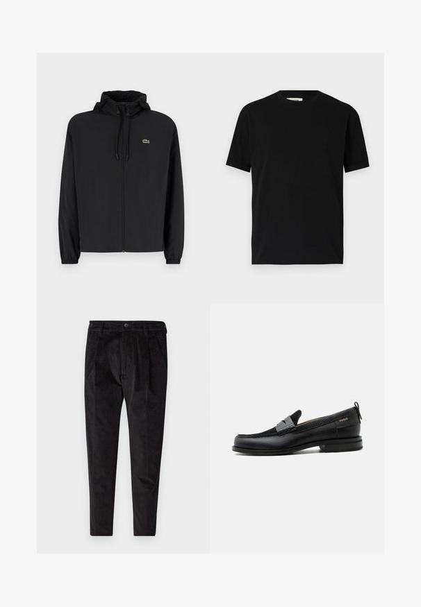 Veste noire à fermeture éclair avec capuche, fabriquée en matériau léger. Présente des poignets élastiques et un petit logo vert sur la poitrine gauche.; T-shirt noir à manches courtes en coton avec un col rond et une coupe ample. Texture lisse, sans motifs ni logos visibles.; Pantalons en velours côtelé noir avec une finition texturée, présentant une jambe droite, un devant plissé et une taille élastique pour plus de confort.; Mocassin en cuir noir avec détail de bride grise, talon bas et semelle texturée, marqué "HUGO" en or sur le côté.
