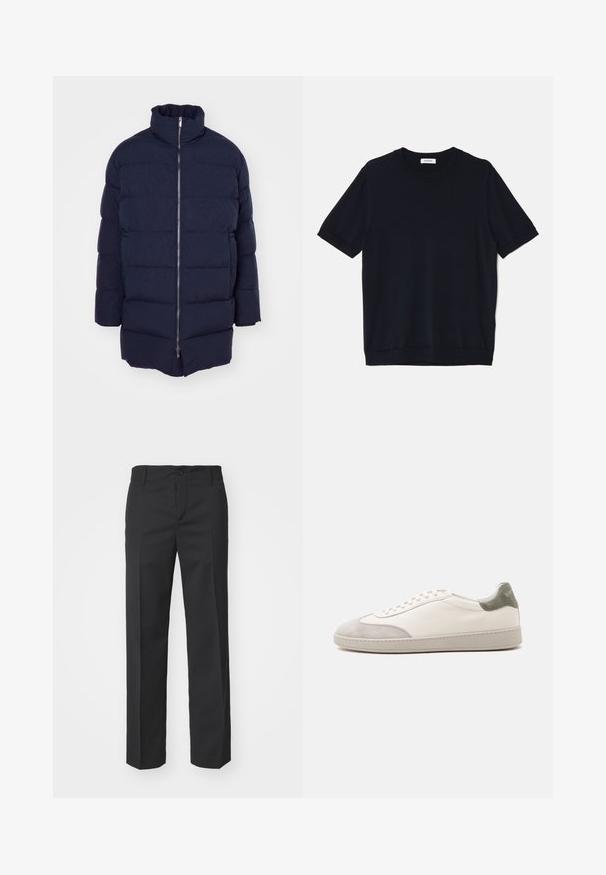 Marineblå pufferjakke med høj krave, lynlåslukning foran og quiltet design. Fremstillet af glat, polstret stof med sidelommer.; sandro PABLO TEE - T-shirts basic - noir; Filippa K TROY TROUSERS - Bukser - black; Hvid lav sneaker med lysegrå ruskind på tå og hæl, hvide snørebånd og en flad beige sål, vist fra ydersiden.