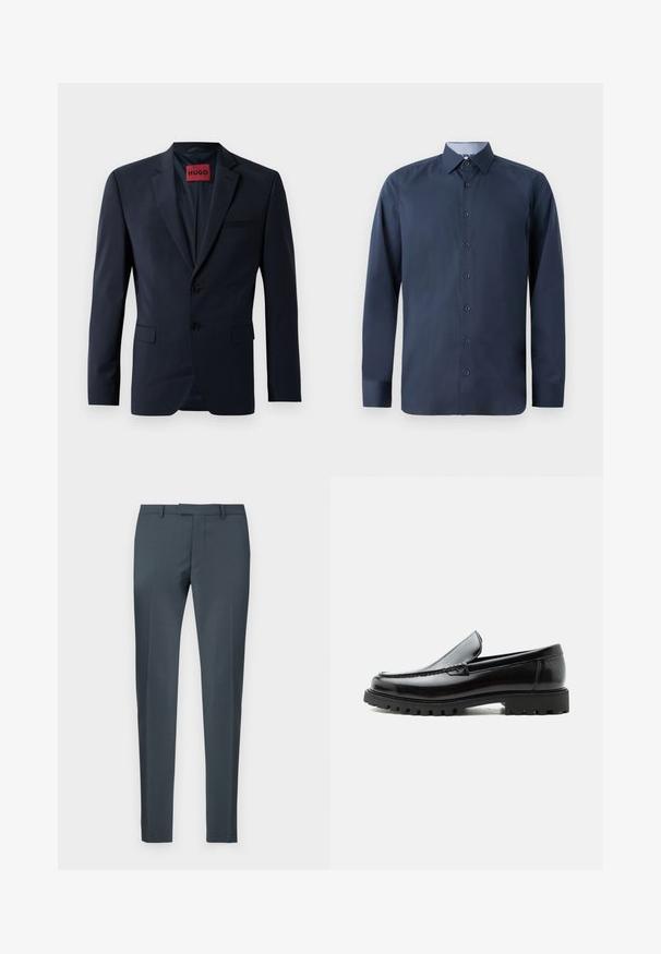Marineblazer mit zwei Knöpfen, Reverskragen und Eingrifftaschen; innen mit rotem "HUGO"-Label ausgestattet. Glattes, strukturiertes Gewebe.; Marineblaues Langarmhemd aus Baumwollmischung, mit klassischem Kragen, durchgehender Knopfleiste und kontrastierendem Innenkragenfutter.; Schlanke Hose aus dunkelgrauem Stoff mit flachem Vorderteil, Gürtelschlaufen und seitlichen Taschen, mit glatter Textur und tailliertem Schnitt.; Schwarzer Lederloafer mit grober Gummisohle, genähter Oberseite und geprägtem Markennamen an der Ferse, seitlich auf weißem Hintergrund gezeigt.