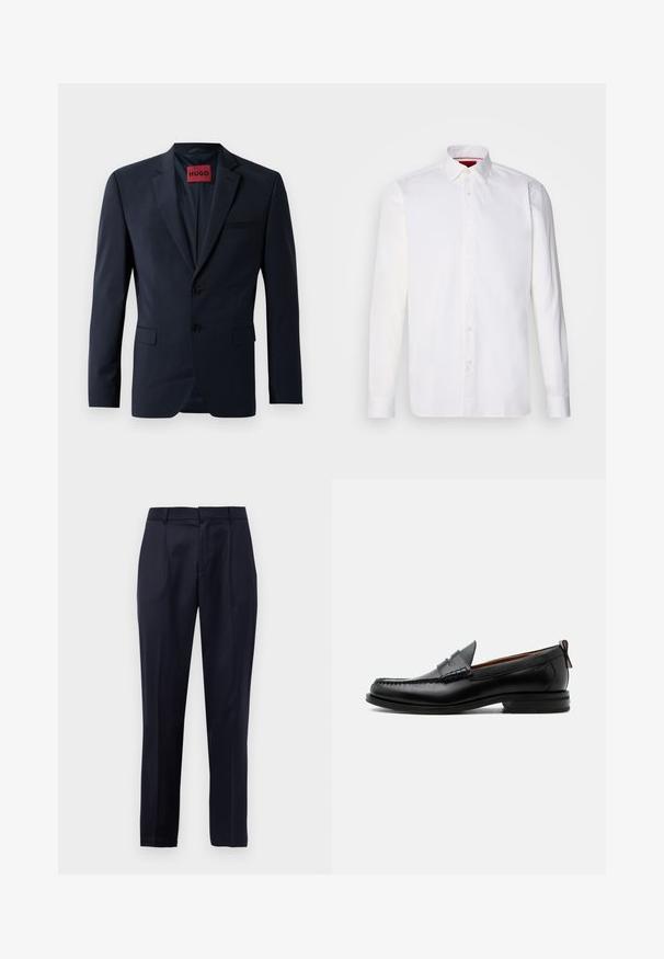 Marineblazer mit zwei Knöpfen, Reverskragen und Eingrifftaschen; innen mit rotem "HUGO"-Label ausgestattet. Glattes, strukturiertes Gewebe.; Weißes langärmliges Hemd aus Baumwolle mit klassischem Kragen, Knopfleiste vorne und glatter Textur. Rote Details im inneren Kragen.; Navyblaue maßgeschneiderte Anzughose mit Frontfalten, Gürtelschlaufen und konischem Beinansatz vor einem weißen Hintergrund.; Schwarzer Leder-Herrenschuh mit Mokassinnaht, Penny-Riemen, strukturiertem Kragen und niedrigem gestapeltem Absatz auf weißem Hintergrund.