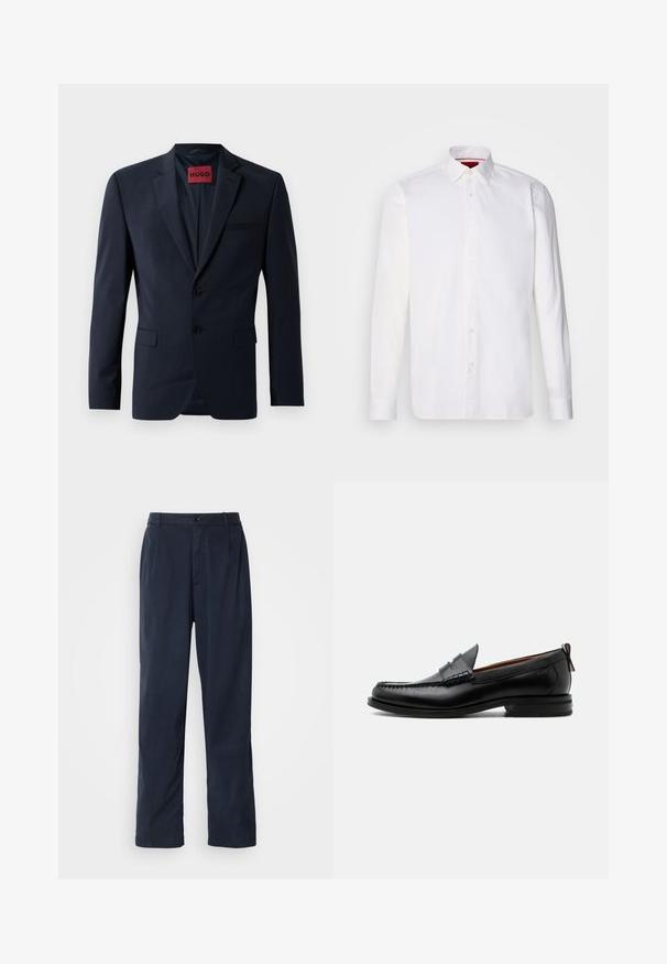 Blazer azul marino con dos botones, solapas de muesca y bolsillos laterales; cuenta con una etiqueta roja "HUGO" en el interior. Tela suave y estructurada.; Camisa blanca de manga larga hecha de algodón, con un collar clásico, placket frontal con botones y una textura suave. Detalle interior del collar en rojo.; Pantalones azul marino de mezcla de algodón. Cuentan con un diseño de pierna recta, cierre frontal con boton, y pliegues sutiles. Textura suave.; Mocasín de hombre de piel negra con costura moc toe, tira penny, cuello texturizado y tacón bajo apilado sobre fondo blanco.