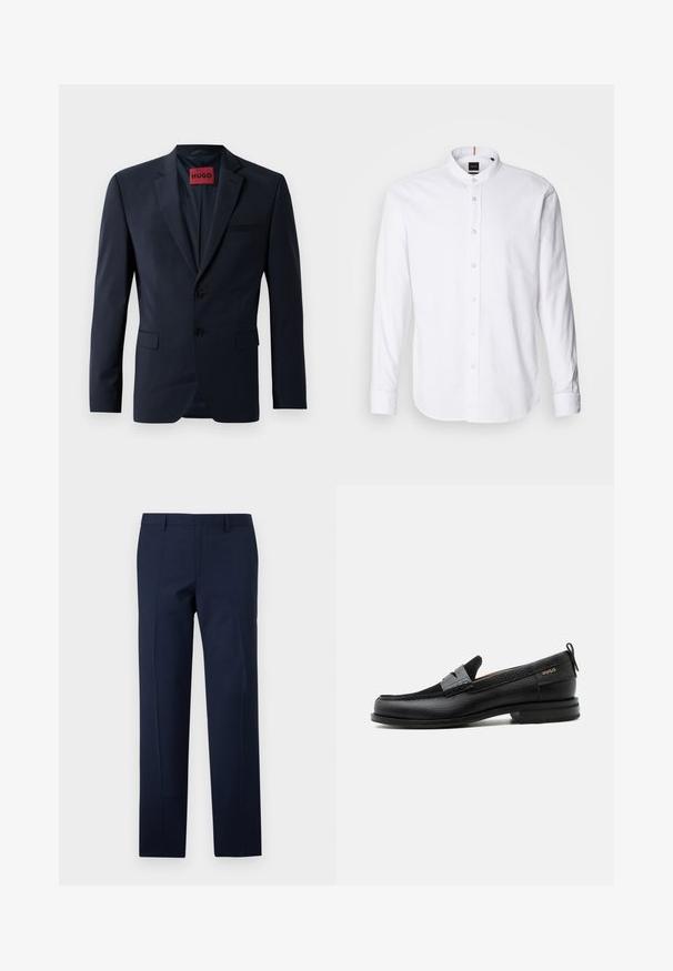 Marineblazer met twee knopen, notch-revers en zijzakken; heeft een rode "HUGO" label aan de binnenkant. Glad, gestructureerd stof.; Witte lange mouwen shirt met een bandkraag, knoopsluiting aan de voorkant en afgeronde zoom. Gemaakt van katoen, met een gladde textuur en subtiele glans.; Marineblauwe broeken met een getailleerde pasvorm, met een gladde textuur, scherpe plooien en een vlakke voorkant. Verborgen ritssluiting.; Zwarte leren loafer met grijs riemdetailelement, lage hak en gestructureerde zool, aan de zijkant gebrandmerkt met "HUGO" in goud.