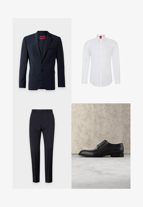 Blazer azul marino con dos botones, solapas de muesca y bolsillos laterales; cuenta con una etiqueta roja "HUGO" en el interior. Tela suave y estructurada.; Camisa blanca de manga larga con cuello, que presenta un cierre frontal de botones y un tejido suave y liso. Sin patrones ni acentos visibles.; Pantalones de traje en color navy, de tiro plano, corte slim, con trabillas para cinturón y bolsillos laterales. Tejido suave con un acabado nítido, sin patrones ni acentos visibles.; Zapato de vestir de cuero negro con punta redondeada, textura suave, costuras mínimas y suela plana con un sutil logo en el tacón.
