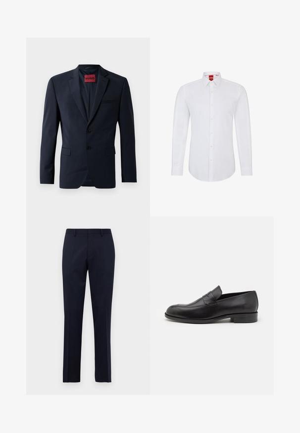 Marineblazer met twee knopen, notch-revers en zijzakken; heeft een rode "HUGO" label aan de binnenkant. Glad, gestructureerd stof.; Witte langemouwen blouse met een geknoopt kraagje, voorzien van een knoopsluiting aan de voorkant en zachte, gladde stof. Geen patronen of accenten zichtbaar.; Navy blauwe slim-fit formele broeken met riemlussen en doorgestikte plooien, weergegeven tegen een effen witte achtergrond.; Zwarte leren instappers met een ronde neus en subtiele stiksels. Gladde textuur en lage hak met branding op de achterkant.