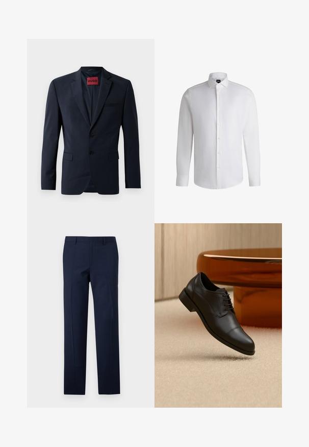 Marineblazer met twee knopen, notch-revers en zijzakken; heeft een rode "HUGO" label aan de binnenkant. Glad, gestructureerd stof.; Witte lange mouwen shirt van soepel katoen, met een klassieke kraag, volledige knoopsluiting en knoopmanchetten. Minimalistisch ontwerp.; Marineblauwe broeken met een getailleerde pasvorm, met een gladde textuur, scherpe plooien en een vlakke voorkant. Verborgen ritssluiting.; Zwarte leren formele oxfordschoen met veters zwevend boven een beige tapijt, met een ronde bruine tafel op de achtergrond.