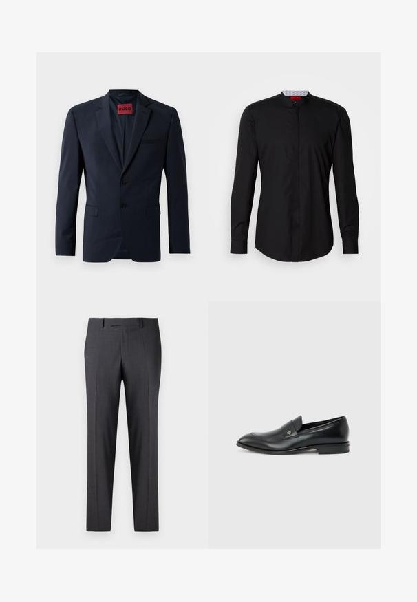 Marineblazer mit zwei Knöpfen, Reverskragen und Eingrifftaschen; innen mit rotem "HUGO"-Label ausgestattet. Glattes, strukturiertes Gewebe.; Schwarzes Langarmhemd mit Stehkragen, aus glattem Stoff gefertigt, mit durchgehender Knopfleiste und subtilen Designdetails.; Maßgefertigte dunkelgraue Hosen aus einem glatten, strukturierten Stoff; mit flacher Vorderseite und geraden Beinen; minimalistisches Design ohne sichtbare Akzente.; Schwarzer Herren-Ledermokassin mit niedrigem Absatz, abgerundeter Zehe und kleinem metallischem Logo auf dem Riemen, seitlich auf schlichtem Hintergrund dargestellt.