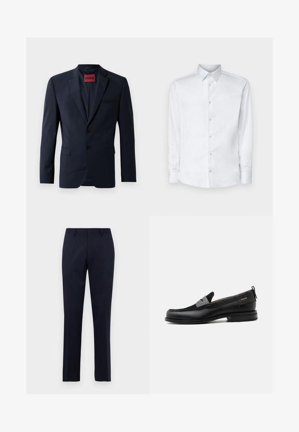 Marineblazer mit zwei Knöpfen, Reverskragen und Eingrifftaschen; innen mit rotem "HUGO"-Label ausgestattet. Glattes, strukturiertes Gewebe.; Weißes Langarmhemd aus glattem Stoff, mit klassischem Kragen, Knopfleiste und Manschetten mit Knöpfen, vor einem einfarbigen Hintergrund präsentiert.; Marineblaue Slim-Fit-Anzughose mit Gürtelschlaufen und gepressten Vorderfalten, vor einem schlichten weißen Hintergrund präsentiert.; Schwarzer Lederloafer mit grauem Riemendetail, niedrigem Absatz und strukturierter Sohle, seitlich mit „HUGO“ in Gold gebrandmarkt.