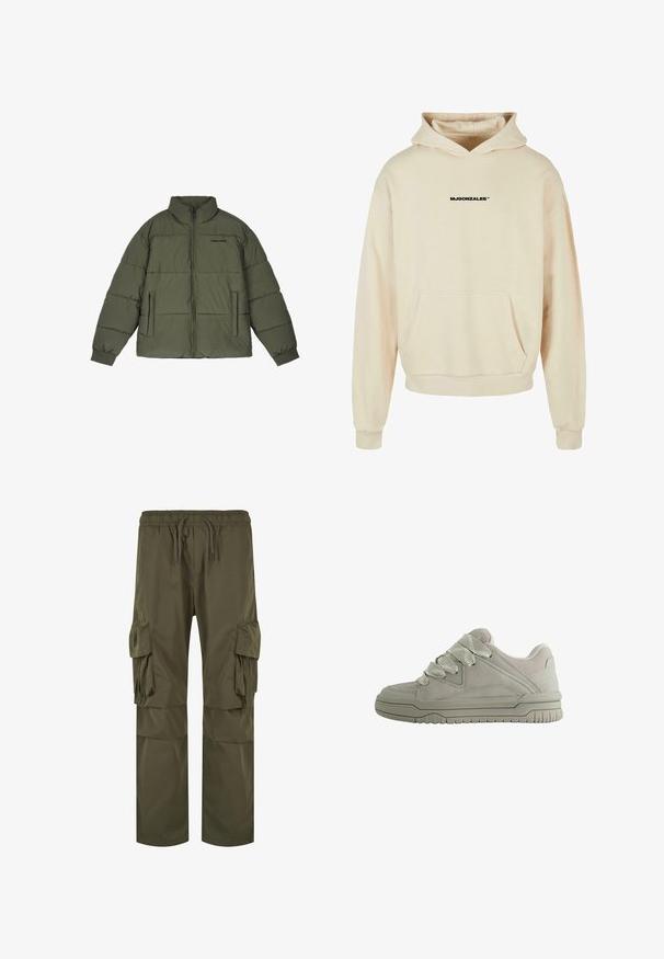 Doudoune vert olive avec un col montant, fermeture éclair sur le devant et deux poches latérales. Présente des panneaux cousus et des poignets côtelés pour plus de chaleur.; Sweat à capuche beige clair avec une poche avant. Présente un texte noir "MJGONZALES™" sur la poitrine. Tissu doux avec des poignets côtelés.; Pantalon cargo en vert olive, avec une taille élastique à cordon de serrage, de multiples poches latérales et une coupe ample avec des détails plissés.; Baskets basses grises avec de larges lacets texturés, col rembourré, panneaux cousus et semelle en caoutchouc rainurée pour une meilleure adhérence.
