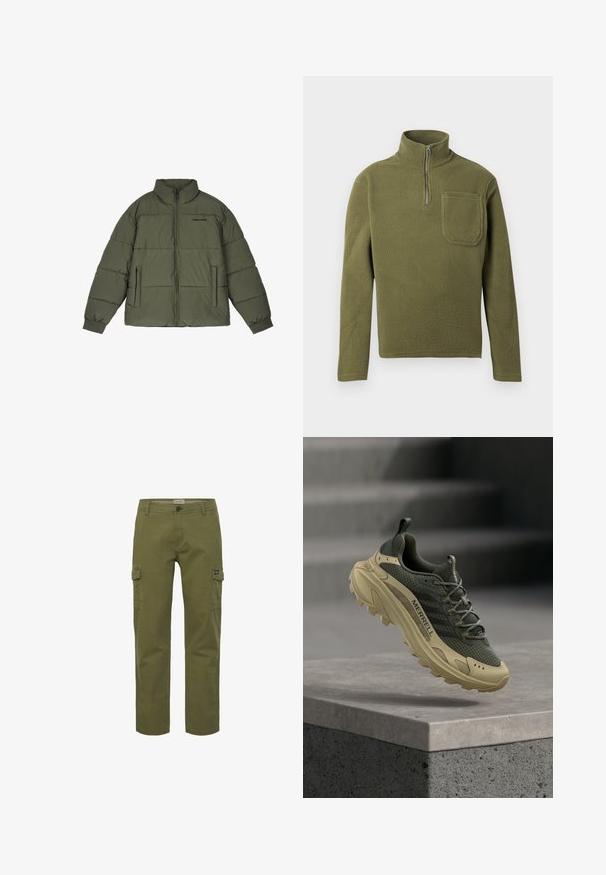 Olijf groene pufferjack met een hoge kraag, voorzijde rits en twee zijzakken. Heeft gestikte panelen en ribbelmanchetten voor extra warmte.; Olijfgroen fleece pullover met een halve rits kraag, lange mouwen en een borstzak. Zachte textuur met een duurzaam ontwerp.; Cargo broek in olijfgroen, met een rechte snit, voor- en zijzakken, en een knoopsluiting. Gemaakt van stevige katoen.; Buitenschoenen voor hardlopen met een beige zool en een donkergroene mesh bovenkant, zwevend boven een betonnen rand, met het merk "Merrell" aan de zijkant.