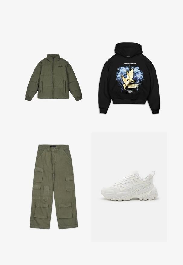 Doudoune vert olive avec un col montant, fermeture éclair sur le devant et deux poches latérales. Présente des panneaux cousus et des poignets côtelés pour plus de chaleur.; Sweat-shirt à capuche noir avec un imprimé graphique de colombes sur un fond bleu orageux avec des éclairs. Le texte indique "RÊVES VINTAGE."; Pantalons cargo vert olive en tissu doux avec plusieurs poches, une coupe droite et des détails cousus. Logo de la marque sur la taille.; Des baskets de sport blanches avec une tige texturée, des panneaux en maille, une semelle en caoutchouc proéminente et des découpes décoratives sur les côtés.