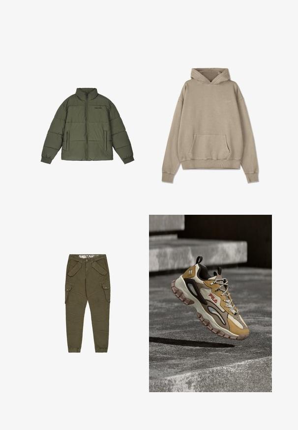 Olijf groene pufferjack met een hoge kraag, voorzijde rits en twee zijzakken. Heeft gestikte panelen en ribbelmanchetten voor extra warmte.; Tan hoodie met een buikzak, ribbelboorden en -zoom. Gemaakt van zacht materiaal, met een subtiele logo op de borst.; Olijfgroene cargo broek met taps toelopende pijpen, voorzien van meerdere klepzakken, een knoopsluiting en elastische boorden; gemaakte van textuur katoen.; Stevige FILA-sneaker met beige, bruin en tan gekleurde panelen, dikke robuuste zool, patterned veters en trekbandjes, zwevend boven getextureerde betonnen treden.