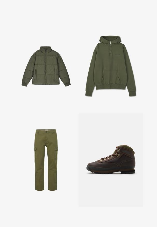 Olivengrøn pufferjakke med høj krave, frontlynlås og to sidelommer. Har synede paneler og ribbede manchetter for ekstra varme.; Pegador LOGO - Hættetrøje - washed faded olive black; Cargobukser i olivengrøn, med lige snit, for- og sidelommer samt knaplukning. Fremstillet af slidstærkt bomuldsstof.; Brune læder vandrestøvle med grøn stofkrave. Har metal snørehuller, gummisål og struktureret sål til greb.