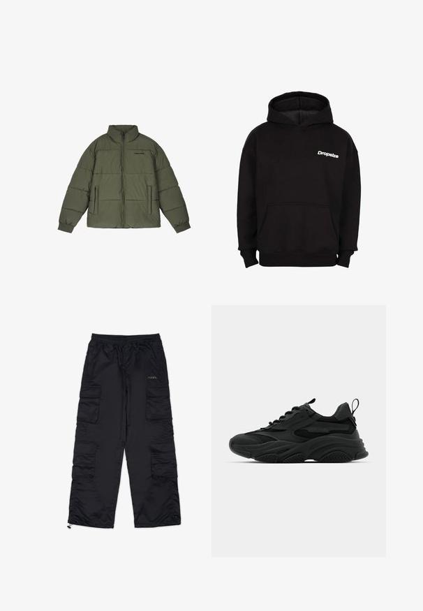 Olivgrüne Steppjacke mit hohem Kragen, frontalem Reißverschluss und zwei Seitentaschen. Verfügt über gestickte Paneele und gerippte Bündchen für zusätzliche Wärme.; Schwarzer Kapuzenpullover mit Fronttasche und weißem "Dropsize"-Logo auf der linken Brust.; Schwarze Cargo-Hosen mit einem elastischen Bund, mehreren Seitentaschen und Reißverschlussabschlüssen. Aus glattem, leichtem Material gefertigt.; Schwarze Sportschuhe mit einer dicken Sohle, Mesh-Einsätzen und Gummidetails. Verfügen über eine Zuglasche an der Ferse und strukturierte Muster.