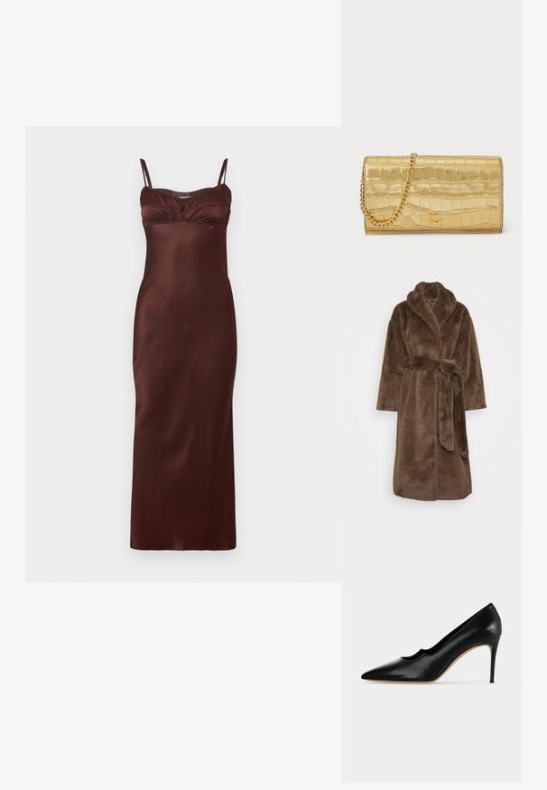 Brun badekåbe i imiteret pels med sjalskrave, lange ærmer, bindebånd i taljen og sidelommer. Blød tekstur og midt-længde design.; Satin midi kjole i mørkebrunt med tynde justerbare stropper, tætsiddende overdel, rynkedetaljer ved brystet og glat tekstur.; Sort læder stiletto pumps med spids tå, bølget kant og beige sål mod en ensfarvet lys baggrund.; Guld metallic faux krokodillelær clutch med en kædetræk; har en rektangulær form og prægede reptilmønster.