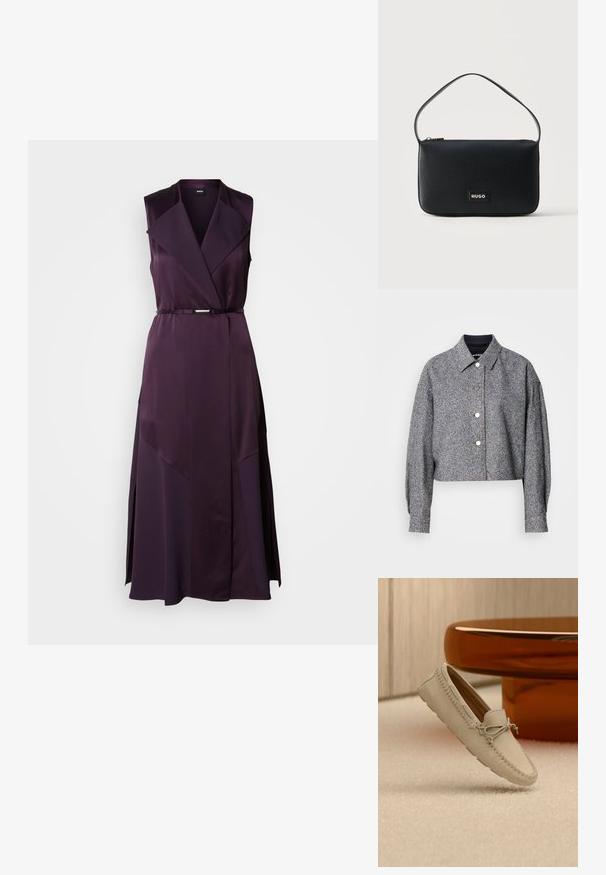 Chaqueta gris recortada hecha de una tela texturizada con un patrón sutil; presenta un cuello puntiagudo, mangas largas y botones a presión plateados.; Vestido sin mangas, con cinturón en un profundo color púrpura, que presenta un diseño cruzado, un cuello afilado y un dobladillo asimétrico con aberturas laterales para un detalle adicional.; Mocasín de ante beige con detalles de lazo de cordón, apoyado sobre una alfombra cremosa junto a la base de una mesa redonda y marrón brillante.; Bolso de hombro rectangular de cuero negro con un pequeño parche dorado con el logo "HUGO" y una sola correa delgada.