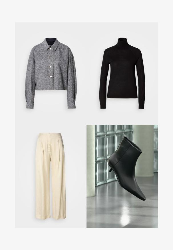 Chaqueta gris recortada hecha de una tela texturizada con un patrón sutil; presenta un cuello puntiagudo, mangas largas y botones a presión plateados.; Suéter negro de cuello alto hecho de un tejido de punto ligero. Presenta mangas largas y una silueta ajustada con costuras raglán.; Pantalones de seda crema de tiro alto con pliegues, piernas anchas y cierre frontal oculto con cremallera sobre un fondo blanco liso.; Botín negro de cuero con punta puntiaguda y tacón bajo estilo kitten, mostrado en ángulo sobre un suelo pulido y con una pared de bloques de vidrio de fondo.