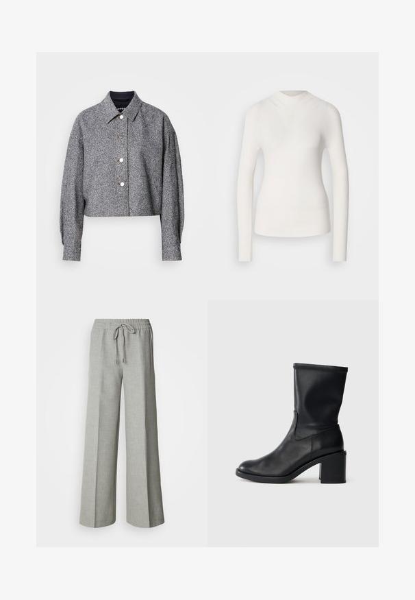 Veste grise courte en tissu texturé avec un motif subtil ; comporte un col pointu, des manches longues et des boutons-pression argentés.; Haut à manches longues blanc avec un col haut, texture côtelée et design ajusté. Présente un aspect sans couture et une subtile forme en V à l'avant.; Pantalon ample gris clair avec taille élastique et cordon de serrage, poches avant, et tissu texturé subtil.; Botte en cuir noir à cheville avec un bout rond, texture lisse et un talon épais, présentant un tige ajustée et un subtil détail de couture.