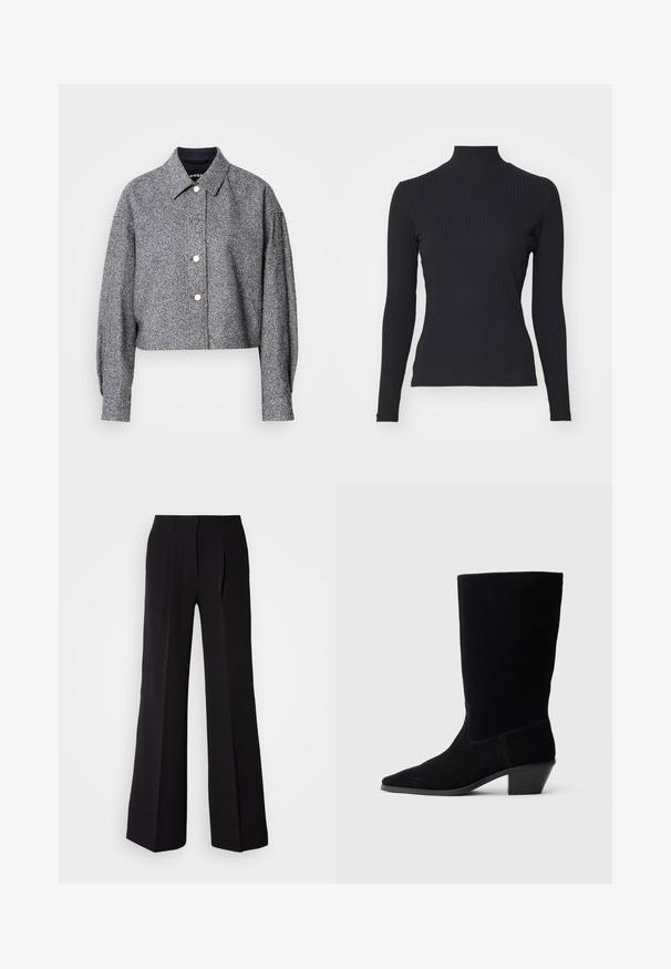 Chaqueta gris recortada hecha de una tela texturizada con un patrón sutil; presenta un cuello puntiagudo, mangas largas y botones a presión plateados.; Top negro de cuello alto con costillas y mangas largas. Fabricado con una tela elástica con forma ajustada y cuello alto. Diseño simple sin adornos.; Pantalones negros de tejido suave, con cintura alta, silueta de pierna ancha y dos pliegues frontales para añadir detalle de diseño.; Botín de ante negro hasta el tobillo con punta afilada, caña de altura media y tacón grueso. Presenta costuras mínimas y una textura suave.