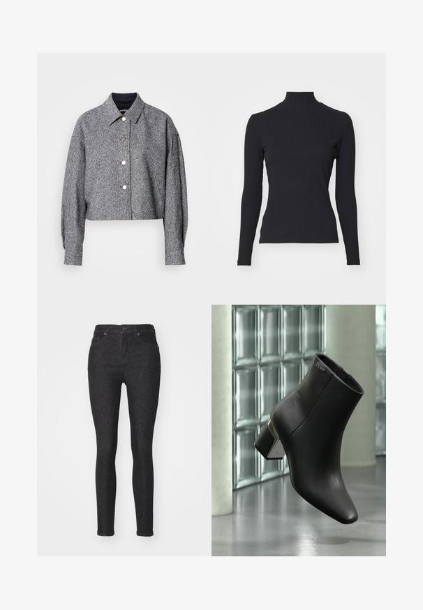 Chaqueta gris recortada hecha de una tela texturizada con un patrón sutil; presenta un cuello puntiagudo, mangas largas y botones a presión plateados.; Top negro de cuello alto con costillas y mangas largas. Fabricado con una tela elástica con forma ajustada y cuello alto. Diseño simple sin adornos.; Vaqueros skinny de mezclilla negra con un ajuste ajustado, diseño clásico de cinco bolsillos, cierre frontal de botón y detalles de costura sutiles.; Botín de cuero negro con tacón cuadrado, logo DKNY cerca de la parte superior, exhibido frente a una pared de bloques de vidrio y suelo de hormigón pulido.