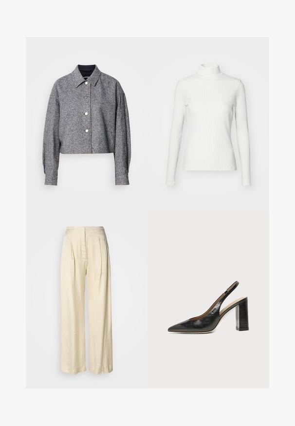 Kurze graue Jacke aus strukturiertem Stoff mit einem dezenten Muster; verfügt über einen spitzen Kragen, lange Ärmel und silberne Druckknöpfe.; Weißes geripptes Turtleneck-Oberteil mit langen Ärmeln, aus elastischem Stoff. Verfügt über ein enganliegendes Design und einen hohen Kragen für zusätzlichen Schutz.; Hohe Taille, cremefarbene Seidenhose mit Falten, weitem Bein und einem versteckten Reißverschluss vorne vor schlichtem weißem Hintergrund.; Schwarzer Leder-Slingback-Schuh mit spitzer Kappe, hohem Blockabsatz und beigegefüttertem Innenraum vor hellem, einfarbigem Hintergrund.